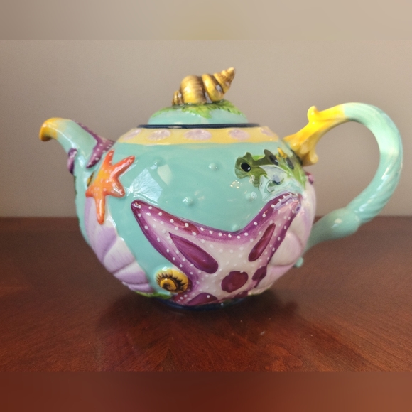 BLUE SKY Starfish Seashell Teapot Functional Art Cottagecore Beach House - Picture 4 of 11